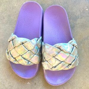 Girls, 11/12 holographic vinyl, heavy latex, slide shoes, purple and silver